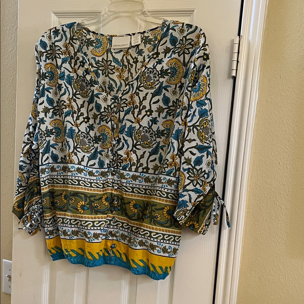 Cynthia Rowley Blue, Yellow And Green Floral Blouse With 3/4 Sleeves-Medium